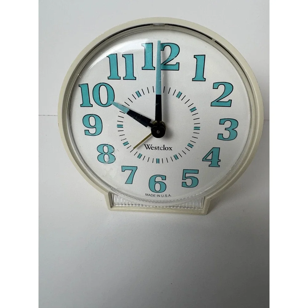 Vintage Westclox Wind Up Alarm Clock Cream Teal Mid Century Modern